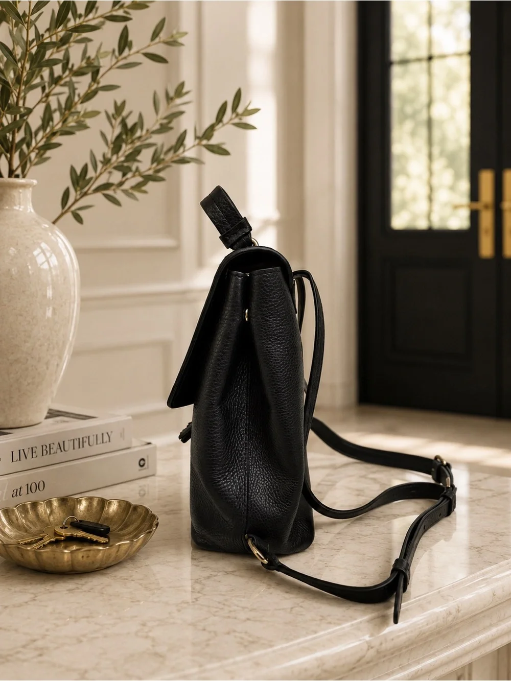 Kate Spade Hayes Medium Flap Backpack | Black Pebbled Leather | Suede Trim